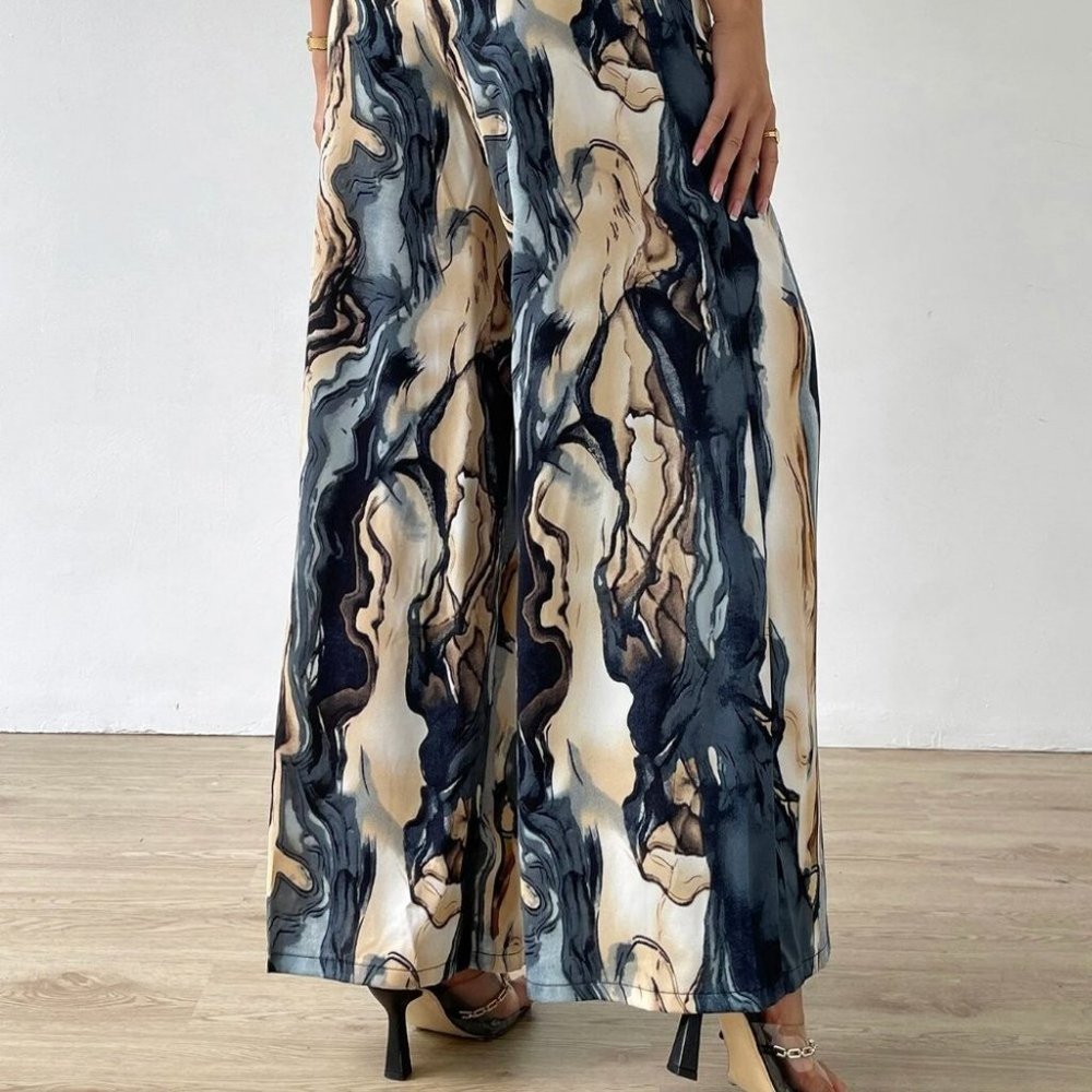 Blue Preppy Womens Allover Print Belted Wide Leg Pants - Picture 2 of 5